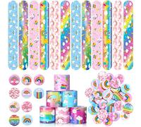 Junkin 60 Pcs Rainbow Party Favor Rainbow Slap Bracelets for Kids with Unicorn Button Pin Wristbands Bracelets for Girl Boy Baby Shower Birthday Unicorn Party Supplies Classroom Prizes Gifts