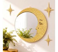 Junkin Gold Crescent Celestial Wall Decor, Moon Stars Hanging Mirror 9.8" | Gothic Witchy Wood Mirror, Sparkle Starburst Home Decoration, Whimsical Boho Vintage Wall Art for Bedroom Living Room Dorm