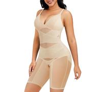 Junlan Shapewear Bodysuit for Women V Neck Butt Lifter Full Body Shaper Tummy Control Thigh Slimmer Shorts Seamless Jumpsuit One Piece (Beige,XL)