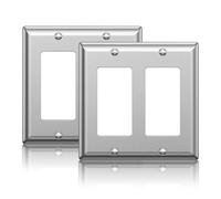JUNLIT 2 Gang Decorator Metal Wall Plate, Stainless Steel Outlet Covers for Light Switches, USB Outlet, Dimmers, GFCI, Receptacle, Durable Corrosion Resistant, Silver, H4.50” x W4.50”, 2 Pack