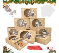 JUNMEIDO 12PCS Christmas Cookie Boxes with Window Kraft Paper Xmas Gift Boxes for Christmas Party Treat Packaging