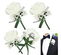 JUNMEIDO 4 PCS Rose Wedding Boutonniere White Boutonniere Handmade Corsage Buttonhole Flowers Artificial Wedding Prom Banquet Flowers Decor with Pin&Clip for Groom Men Bridal Women Suit Dress