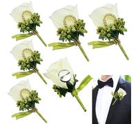 JUNMEIDO 6 PCS Rose Wedding Boutonniere White Boutonniere Handmade Corsage Buttonhole Flowers Artificial Wedding Prom Banquet Flowers Decor with Pin&Clip for Groom Men Bridal Women Suit Dress