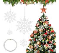 JUNMEIDO 60 PCS Snowflake Hanging Ornaments White Plastic Snowflakes Christmas Tree Pendants Snowflakes Xmas Hanging Snowflake Decorations with Craft Wire for Christmas Tree Party Decor(2/3/4/5 Inch)