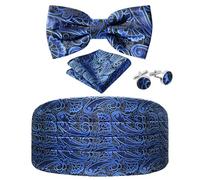 JUNMEISI Paisley Cummerbund and Bow Tie Set Adjustable Formal Men's Cumberbund Tuxedo Bowtie Cufflinks Set & Pocket Squares, Blue, 4-piece set