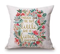 JUNN Cotton Linen Home Decor Pillowcase Throw Pillow Cushion Cover 18 x 18 Inches Inspirational Quotes with Beautiful Flowers/Leaves (Though SHE BE BUT Little SHE is Fierce)