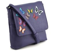 Juno Flap Butterflies Crossbody Bag - Genuine Leather Compact Travel Handbag - Adjustable Strap with Card Slots - Black or Purple - 17 x 16 x 3.5 cm