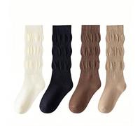 JUNOAI Slouchy Ribbed Cotton Socks for Kids - Mid Way Between Crew Neck and Knee High Socks for Girls (Ages 4-12 Years, 4 Colours), Brown, Beige, Black, Cream, 9-12 Jahre