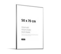 JUNOMI® Picture Frame 50 × 70 cm, Silver Matt Aluminium - Slim Profile, Shatterproof Acrylic Glass, Horizontal & Vertical Hanging Options - Metal Photo Frame