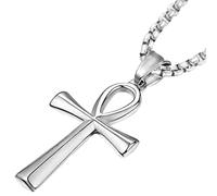 JUNOVUROS 18 to 28 Inches Rolo Chain Ancient Ankh Cross Pendant Necklace for Men Women Boys Girls 316L Stainless Steel with Large And Medium Sizes, 1.77'' x 0.98", Stainless Steel, Cubic Zirconia