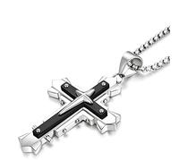 JUNOVUROS Stainless Steel Jesus Christ Cross Pendant Necklace for Men, 20 to 28 In Rolo/Byzantine Chain, 2 Sizes of Religious Jewelry with Silver/Gold/Black, 1.88'' x 1.28'', Stainless Steel, Cubic