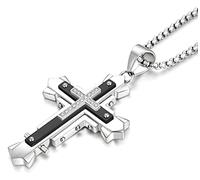 JUNOVUROS Stainless Steel Jesus Christ Cross Pendant Necklace for Men, 20 to 28 In Rolo/Byzantine Chain, 2 Sizes of Religious Jewelry with Silver/Gold/Black, 1.88'' x 1.28'', Stainless Steel, Cubic