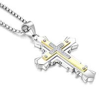 JUNOVUROS Stainless Steel Jesus Christ Cross Pendant Necklace for Men, 20 to 28 In Rolo/Byzantine Chain, 2 Sizes of Religious Jewelry with Silver/Gold/Black, 2.38'' x 1.63'', Stainless Steel, Cubic