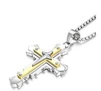 JUNOVUROS Stainless Steel Jesus Christ Cross Pendant Necklace for Men, 20 to 28 In Rolo/Byzantine Chain, 2 Sizes of Religious Jewelry with Silver/Gold/Black, 1.88'' x 1.28'', Stainless Steel, Cubic