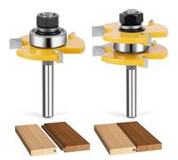 Junreox 2PCS Tongue and Groove Router Bit Set, 3rd Gen. 1/4 Shank Router Bits for 3/4" Stock, 1/2" Cutting Depth, Adjustable 3 Teeth Shaker Cabinet Door Router Bits for Woodworking, Milling, Cutting