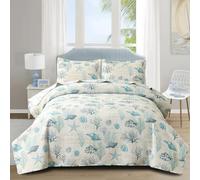 Junsey 3Pcs Ocean Theme Quilts Set Full/Queen Size Lightweight Coastal Bedding Beach Theme Bedspread Coverlet All Season Nautical Bed Sheet with 2 Pillowshams(Light Blue, Full/Queen)