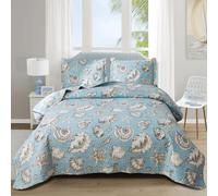 Junsey Beach Quilts Set Full/Queen Size Ocean Theme Bedspreads,3Pcs Seashell Conch Starfish Coverlet Set Lightweight Reversible Bedding with Pillow Shams,Blue
