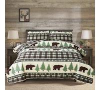 Junsey Cabin Bear Quilts Set Full/Queen Size, Lightweight Plaid Bedspread Coverlet Rustic Lodge Bedding Forest Tree Bed Sheet with Pillowshams (Beige Brown, Full/Queen)