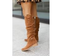 JUNSHANG Women's Low Heel Side Zip Suede High Top Boots，Womens Mid Calf Boots Knee Stretchy Low Heel Booties Zip Strap Riding Winter Slouch Shoes, yellow brown-37