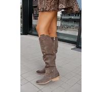 JUNSHANG Women's Low Heel Side Zip Suede High Top Boots，Womens Mid Calf Boots Knee Stretchy Low Heel Booties Zip Strap Riding Winter Slouch Shoes, gray-38