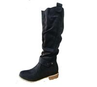 JUNSHANG Women's Low Heel Side Zip Suede High Top Boots，Womens Mid Calf Boots Knee Stretchy Low Heel Booties Zip Strap Riding Winter Slouch Shoes,black-41