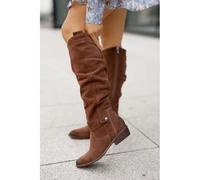 JUNSHANG Women's Low Heel Side Zip Suede High Top Boots，Womens Mid Calf Boots Knee Stretchy Low Heel Booties Zip Strap Riding Winter Slouch Shoes, dark brown-35