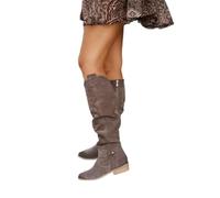 JUNSHANG Women's Low Heel Side Zip Suede High Top Boots，Womens Mid Calf Boots Knee Stretchy Low Heel Booties Zip Strap Riding Winter Slouch Shoes, gray-41