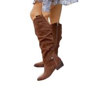 JUNSHANG Women's Low Heel Side Zip Suede High Top Boots，Womens Mid Calf Boots Knee Stretchy Low Heel Booties Zip Strap Riding Winter Slouch Shoes, dark brown-35