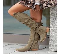 JUNSHANG Women's Low Heel Side Zip Suede High Top Boots，Womens Mid Calf Boots Knee Stretchy Low Heel Booties Zip Strap Riding Winter Slouch Shoes, green-38