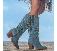 JUNSHANG Women's Tall Boots Western Cowboy Boot, High Heel Long Boots With Fringe Lady Round Toe Suede Boot For Winter Autumn Outdoor Hiking Boot,Blue-36