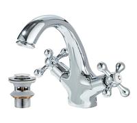 JUNSOTTOR Basin Mixer Tap Bathroom Sink Taps Chrome Crosshead Basin Taps Mono Traditional Victorian Double Handles Bathroom Tap Mixer Faucet with Pop Up Waste & UK Hoses