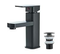 JUNSOTTOR Black Square Basin Mixer Tap with Pop Up Waste, Monobloc Single Lever Waterfall Bathroom Sink Tap, Modern Mixer Tap with UK Standard Hoses & Slotted Waste, 1 Hole G1/2