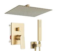 JUNSOTTOR Flush-Mounted Shower System Set Brushed Gold 12 Inch Rain Shower and Hand Shower 30 x 30 cm Corner Shower Head 2 Functions Anti-scalding Brass
