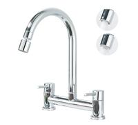 JUNSOTTOR Kitchen Bridge Mixer Tap, 2 Hole Deck Mounted Dual Lever Sink Faucet with 2 Function Aerator, 360° Swivel Spout, Chrome Plated for Modern Kitchens