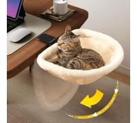 JUNSPOW Cat Desk Bed, Soft Faux Rabbit Fur, One-Click Folding Semi-Circular Bed, Space-Saving, Fits Desktops, Max 40lb