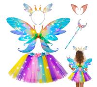 JUNUNDJING Luminous Fairy Costume Children Fairy Costume Unicorn Costume Girls LED Fairy Wings Butterfly Wings Children with LED Tutu Headband Magic Wand Elf Ears for Halloween Carnival Elf Blue