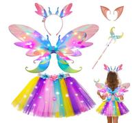 JUNUNDJING Luminous Fairy Costume Children Fairy Costume Unicorn Costume Girls LED Fairy Wings Butterfly Wings Children with LED Tutu Headband Magic Wand Elf Ears for Halloween Carnival Ivory Pink