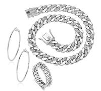 JUNVirtuous 3 Pieces Cuban Link Chain for Women Cuban Diamond Chain Necklace Ring Earrings Hip Hop Silver jewelry set for women and Men, Stainless Steel, Cubic Zirconia