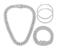 JUNVirtuous Cuban Link Chain for Women,3 Pieces Diamond Cuban Link Chain Necklace Bracelet Earrings Iced Out Chain Silver/Gold Bling Hip Hop Jewelry for Women, 18 Inch, Zinc, Rhinestone