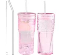 JunVpic Glass Coffee Cups with Lids and Straws, 20 OZ Pink Iced Water Glasses Tumblers for Ice Juice, Tea, Milk, Smoothie and Cold or Hot Drinks, Set of 2
