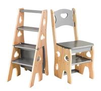 Junvstor Ladder Chair Wooden Ladder Stool 4 Steps Folding Stairs Chair, Kitchen Library Climb Step Ladder Foldable Step Stool Ladder, Wood Step Stair Chair Sitting Stools(Grey)