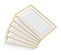 Junw Elegant Plastic Serving Tray & Platter Set (6pk) - White & Gold Rim Hard Reusable Food Tray for Weddings, Parties, Cupcake Display - 8x13 inches