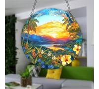 JUNWALL Landscape Painting Acrylic Window Hanging, Sunrise Flowers Stained Acrylic Window Decor Hanging Ornaments Indoor Outdoor Garden Stained Art Panel Gift for Women Christmas Thanksgiving