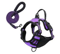 junweideyi No Pull Dog Harness Adjustable Reflective Oxford Easy Control Small Medium Large Dog Harness/Set (Purple Set, L)