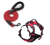 junweideyi No Pull Dog Harness Adjustable Reflective Oxford Easy Control Small Medium Large Dog Harness/Set (Red Set, M)