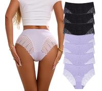 Junya Underwear Women Lace Seamless Knickers Sexy Panties Soft 4PACK Ultra Soft Stretch Underwear Comfortable Elegance Bikini Briefs S-XL (UK, Alpha, S, Regular, Regular, Purple*4/Black*3)