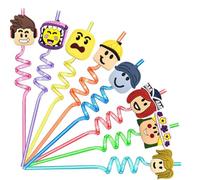 Junyaoii 16 Robot Blocks Straws, Novelty Reusable Curly Straws, Plastic, Robot Block Design, Multiple Colors, Removable Attachments, Party Supplies, 16 Count, 26 cm / 10.2 inches
