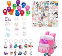 Junyaoii Gabby's Children's Birthday Party Bag Set, Includes 12 Dollhouse Stamps, 12 Dollhouse Keychain Pendants and Pack of 50 Stickers, for Birthday, Gift Bag Filler, Classroom Prizes