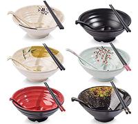 JUNYFFF Japanese Ramen Bowl, 6 Sets (18 Pieces) Japanese Noodle Soup Bowls,1150Ml Creative Soup Bowls with Matching Spoon and Chopsticks, for Udon, Asian Noodles, Salad And Pasta