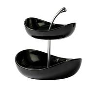 JUNYFFF Tiered Fruit Basket for Kitchen Countertop, 2 Tier Ceramic Fruit Bowl Sets with Metal Stand Fruit Serving Holder for Snacks Nuts Candy Cake Vegetable Storage,Black